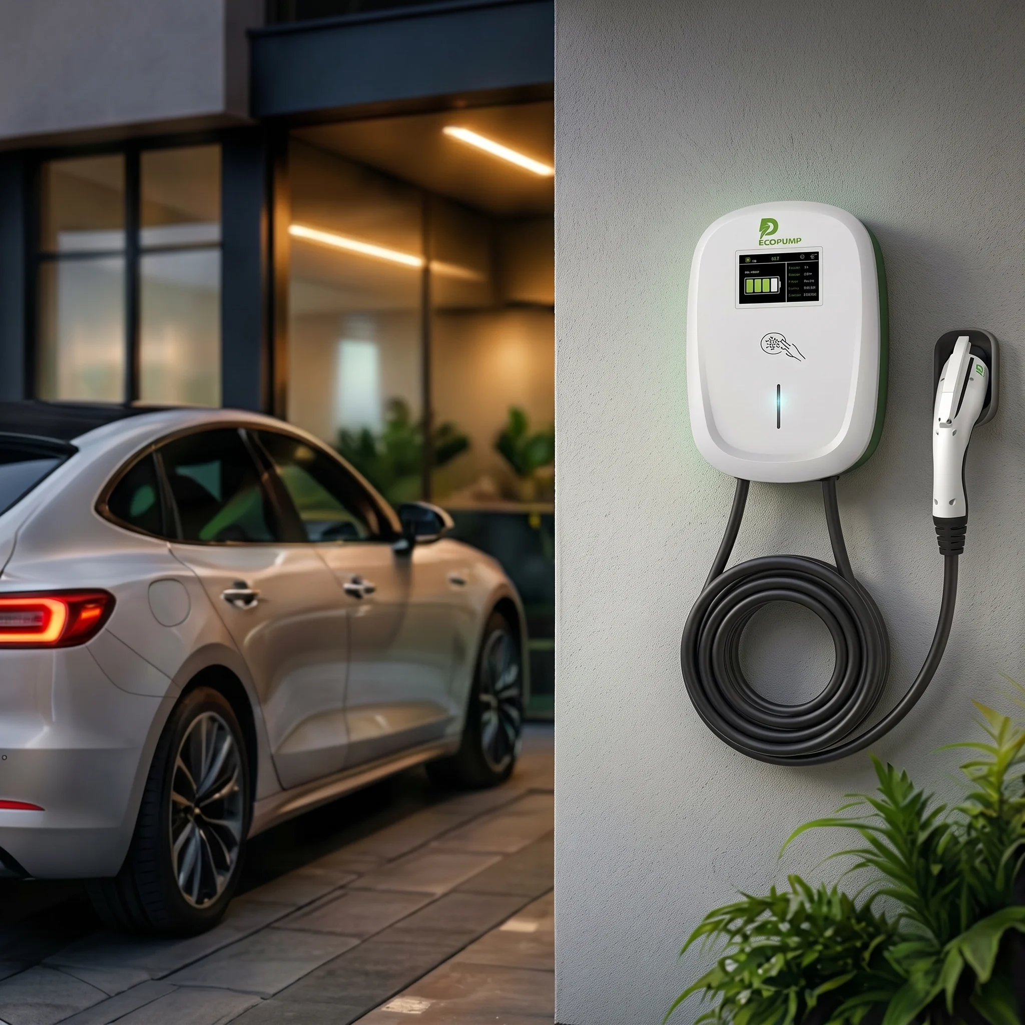 Wall-mounted Level 2 EV charger at a commercial property